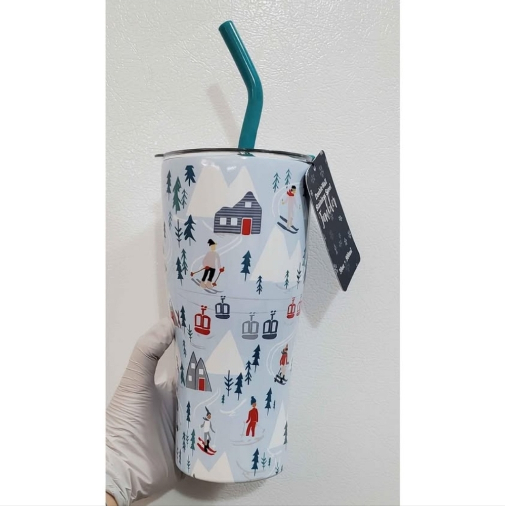 Winter Ski Themed Stainless Steel Tumbler with Straw 30oz